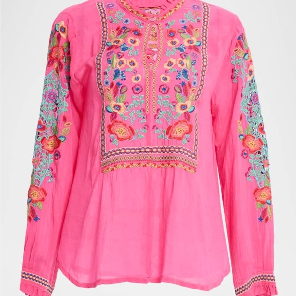 Johnny Was Simone Raspberry Sorbet‎ Georgette Pink Embroidered Blouse